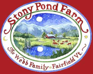 Illustration of Stony Pond Farm with a pond, mountains, and a farmstead in a colorful design.